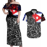Cuba Flag Couples Matching Off Shoulder Maxi Dress and Hawaiian Shirt Black with Red White Blue Patriotic Graphics and Cultural Doodle Design - Wonder Print Shop