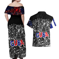 Cuba Flag Couples Matching Off Shoulder Maxi Dress and Hawaiian Shirt Black with Red White Blue Patriotic Graphics and Cultural Doodle Design - Wonder Print Shop