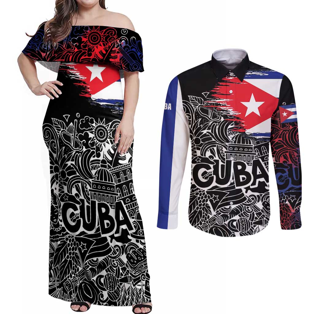 Cuba Flag Couples Matching Off Shoulder Maxi Dress and Long Sleeve Button Shirt Black with Red White Blue Patriotic Graphics and Cultural Doodle Design - Wonder Print Shop