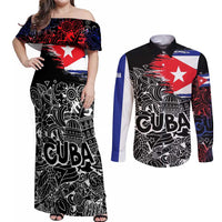 Cuba Flag Couples Matching Off Shoulder Maxi Dress and Long Sleeve Button Shirt Black with Red White Blue Patriotic Graphics and Cultural Doodle Design - Wonder Print Shop