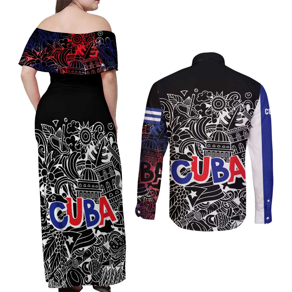 Cuba Flag Couples Matching Off Shoulder Maxi Dress and Long Sleeve Button Shirt Black with Red White Blue Patriotic Graphics and Cultural Doodle Design - Wonder Print Shop