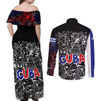 Cuba Flag Couples Matching Off Shoulder Maxi Dress and Long Sleeve Button Shirt Black with Red White Blue Patriotic Graphics and Cultural Doodle Design - Wonder Print Shop