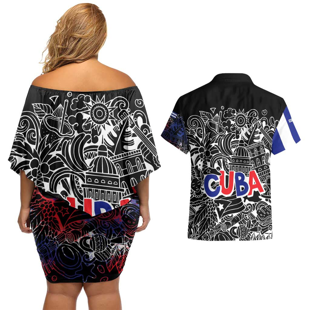 Cuba Flag Couples Matching Off Shoulder Short Dress and Hawaiian Shirt Black with Red White Blue Patriotic Graphics and Cultural Doodle Design - Wonder Print Shop