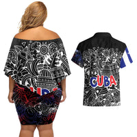 Cuba Flag Couples Matching Off Shoulder Short Dress and Hawaiian Shirt Black with Red White Blue Patriotic Graphics and Cultural Doodle Design - Wonder Print Shop