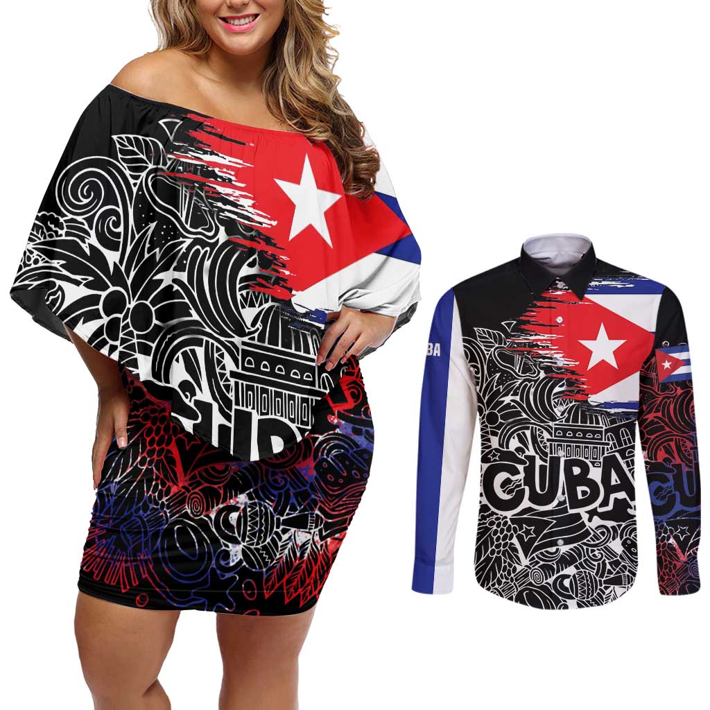 Cuba Flag Couples Matching Off Shoulder Short Dress and Long Sleeve Button Shirt Black with Red White Blue Patriotic Graphics and Cultural Doodle Design - Wonder Print Shop