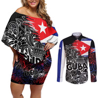 Cuba Flag Couples Matching Off Shoulder Short Dress and Long Sleeve Button Shirt Black with Red White Blue Patriotic Graphics and Cultural Doodle Design - Wonder Print Shop