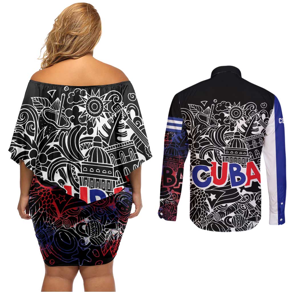 Cuba Flag Couples Matching Off Shoulder Short Dress and Long Sleeve Button Shirt Black with Red White Blue Patriotic Graphics and Cultural Doodle Design - Wonder Print Shop