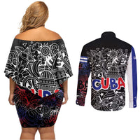 Cuba Flag Couples Matching Off Shoulder Short Dress and Long Sleeve Button Shirt Black with Red White Blue Patriotic Graphics and Cultural Doodle Design - Wonder Print Shop