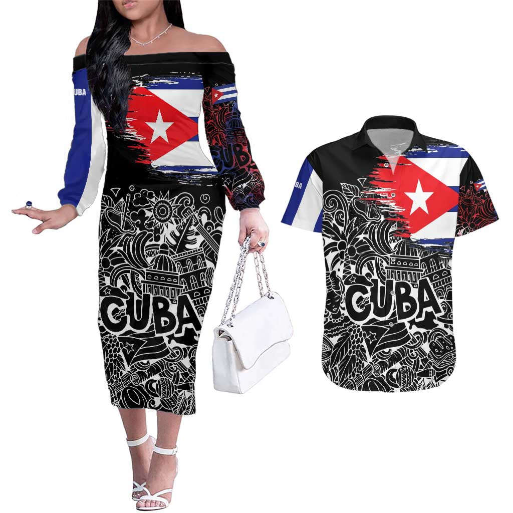 Cuba Flag Couples Matching Off The Shoulder Long Sleeve Dress and Hawaiian Shirt Black with Red White Blue Patriotic Graphics and Cultural Doodle Design - Wonder Print Shop