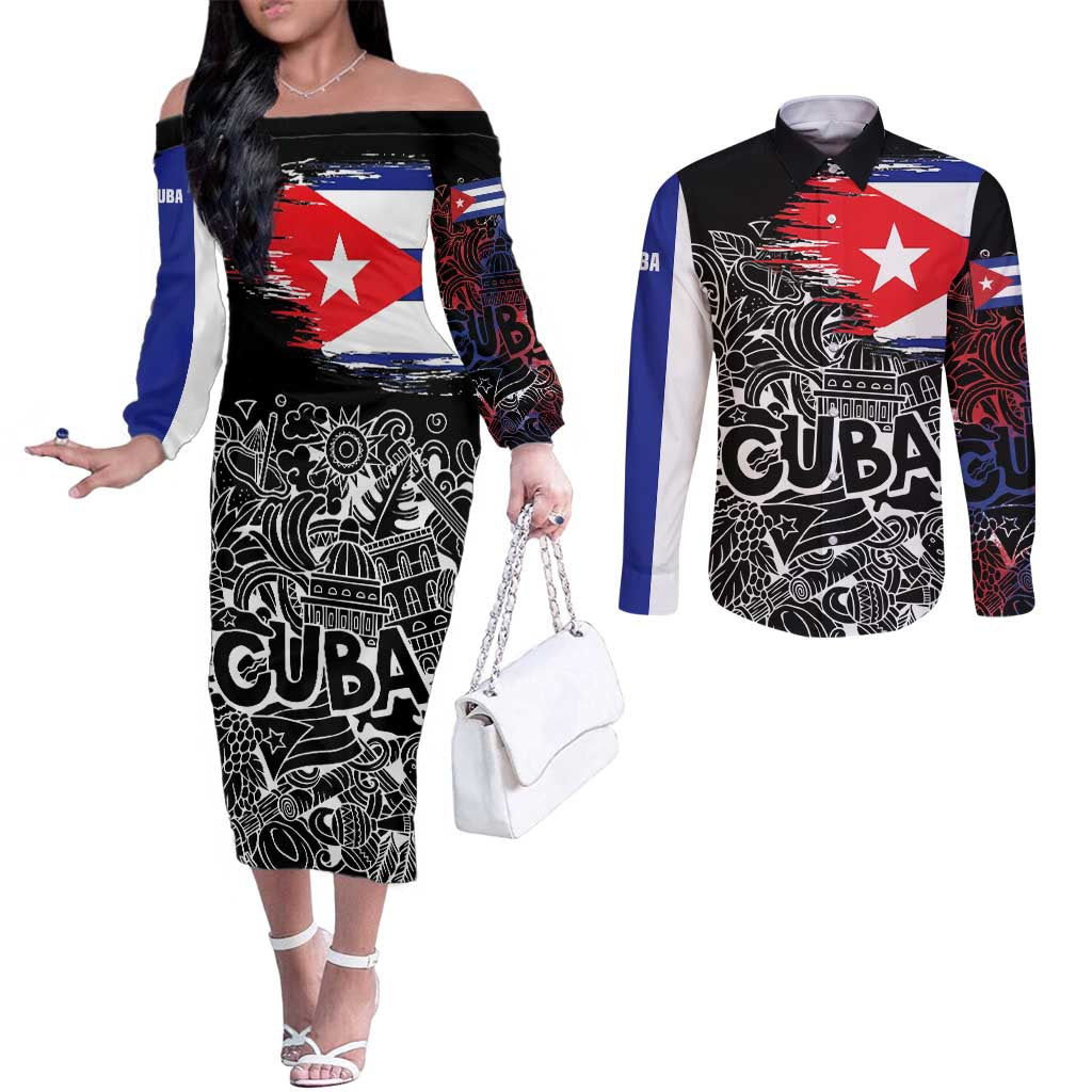 Cuba Flag Couples Matching Off The Shoulder Long Sleeve Dress and Long Sleeve Button Shirt Black with Red White Blue Patriotic Graphics and Cultural Doodle Design - Wonder Print Shop