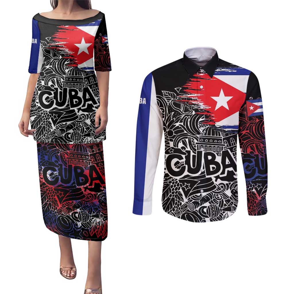 Cuba Flag Couples Matching Puletasi and Long Sleeve Button Shirt Black with Red White Blue Patriotic Graphics and Cultural Doodle Design - Wonder Print Shop