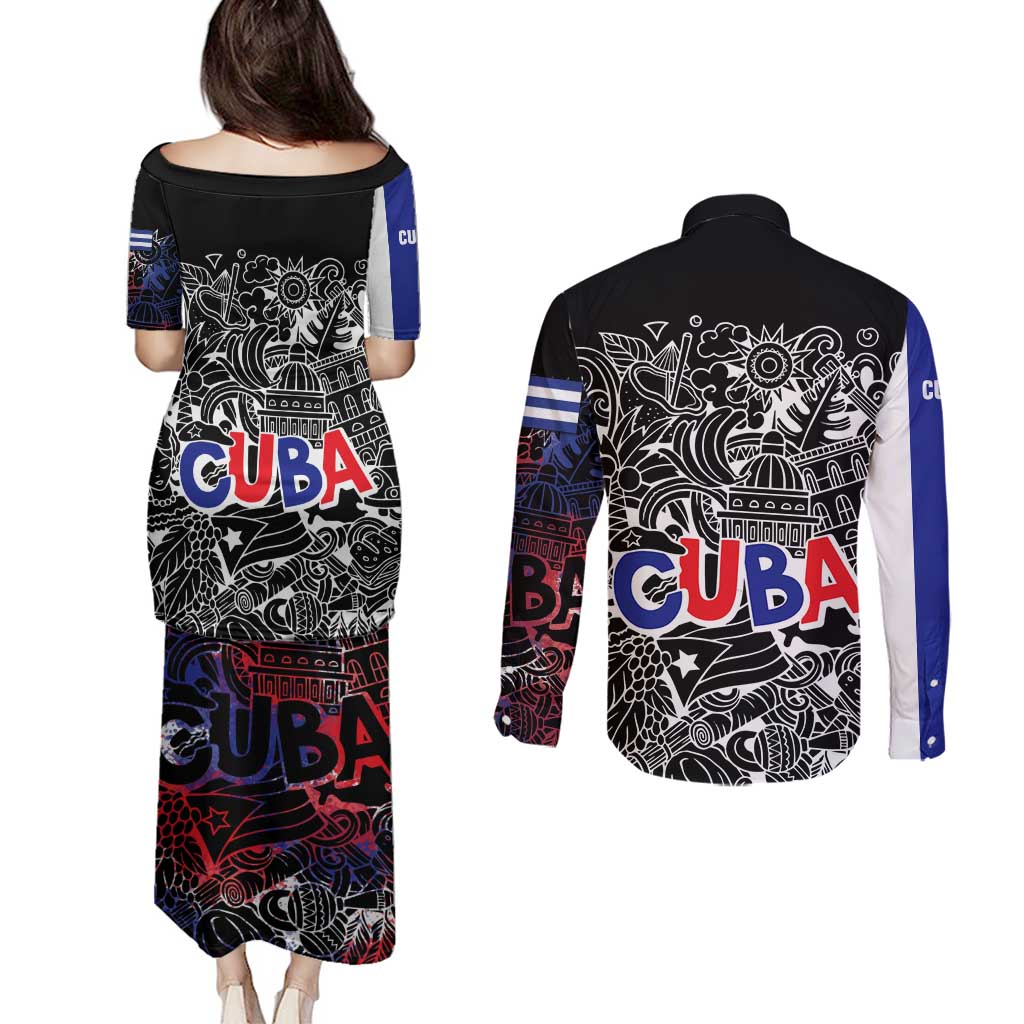 Cuba Flag Couples Matching Puletasi and Long Sleeve Button Shirt Black with Red White Blue Patriotic Graphics and Cultural Doodle Design - Wonder Print Shop
