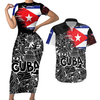 Cuba Flag Couples Matching Short Sleeve Bodycon Dress and Hawaiian Shirt Black with Red White Blue Patriotic Graphics and Cultural Doodle Design - Wonder Print Shop