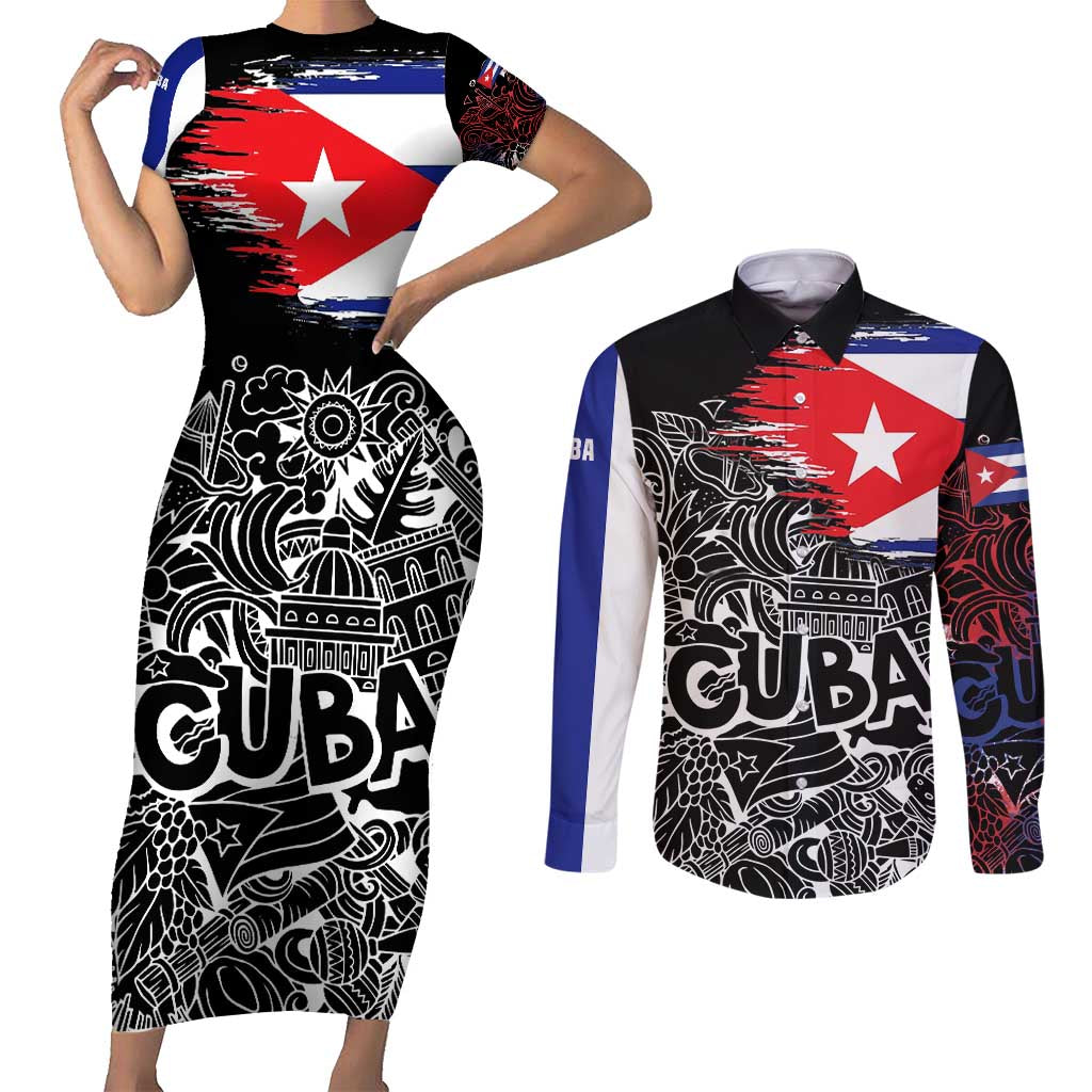 Cuba Flag Couples Matching Short Sleeve Bodycon Dress and Long Sleeve Button Shirt Black with Red White Blue Patriotic Graphics and Cultural Doodle Design - Wonder Print Shop