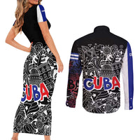 Cuba Flag Couples Matching Short Sleeve Bodycon Dress and Long Sleeve Button Shirt Black with Red White Blue Patriotic Graphics and Cultural Doodle Design - Wonder Print Shop