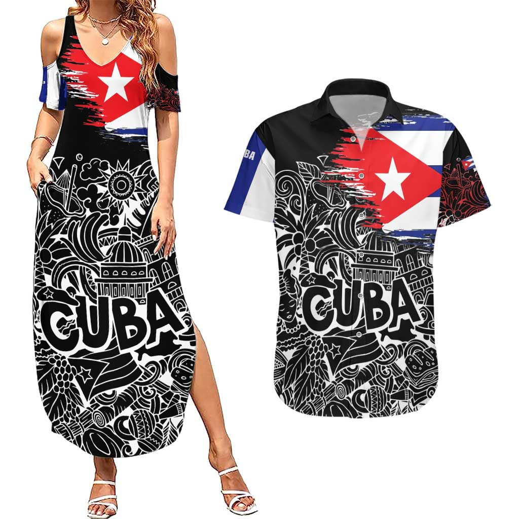 Cuba Flag Couples Matching Summer Maxi Dress and Hawaiian Shirt Black with Red White Blue Patriotic Graphics and Cultural Doodle Design - Wonder Print Shop