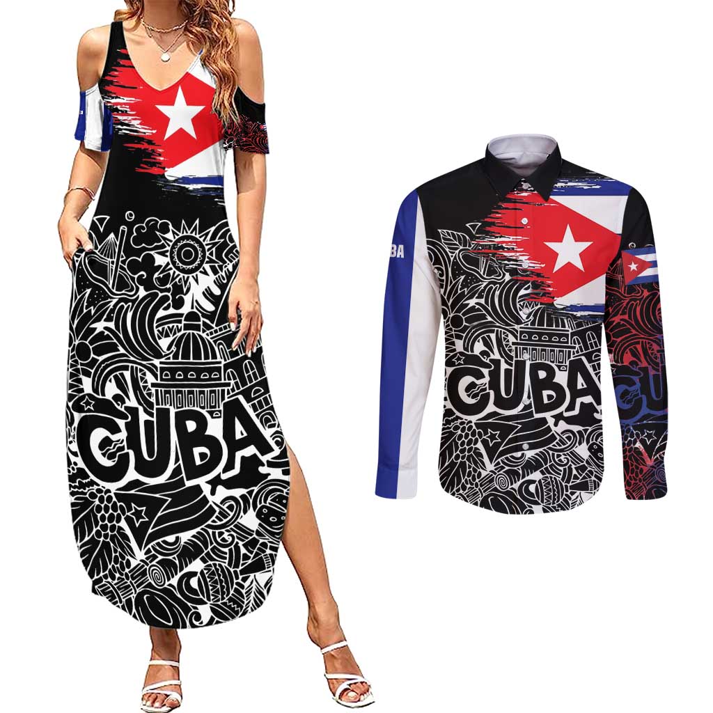 Cuba Flag Couples Matching Summer Maxi Dress and Long Sleeve Button Shirt Black with Red White Blue Patriotic Graphics and Cultural Doodle Design - Wonder Print Shop