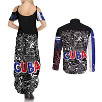 Cuba Flag Couples Matching Summer Maxi Dress and Long Sleeve Button Shirt Black with Red White Blue Patriotic Graphics and Cultural Doodle Design - Wonder Print Shop