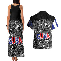 Cuba Flag Couples Matching Tank Maxi Dress and Hawaiian Shirt Black with Red White Blue Patriotic Graphics and Cultural Doodle Design - Wonder Print Shop