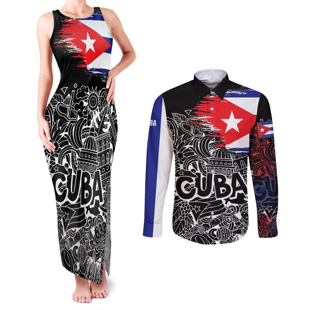 Cuba Flag Couples Matching Tank Maxi Dress and Long Sleeve Button Shirt Black with Red White Blue Patriotic Graphics and Cultural Doodle Design - Wonder Print Shop