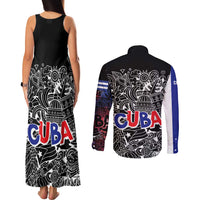 Cuba Flag Couples Matching Tank Maxi Dress and Long Sleeve Button Shirt Black with Red White Blue Patriotic Graphics and Cultural Doodle Design - Wonder Print Shop