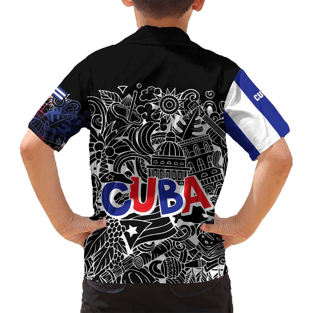 Cuba Flag Family Matching Long Sleeve Bodycon Dress and Hawaiian Shirt Black with Red White Blue Patriotic Graphics and Cultural Doodle Design - Wonder Print Shop