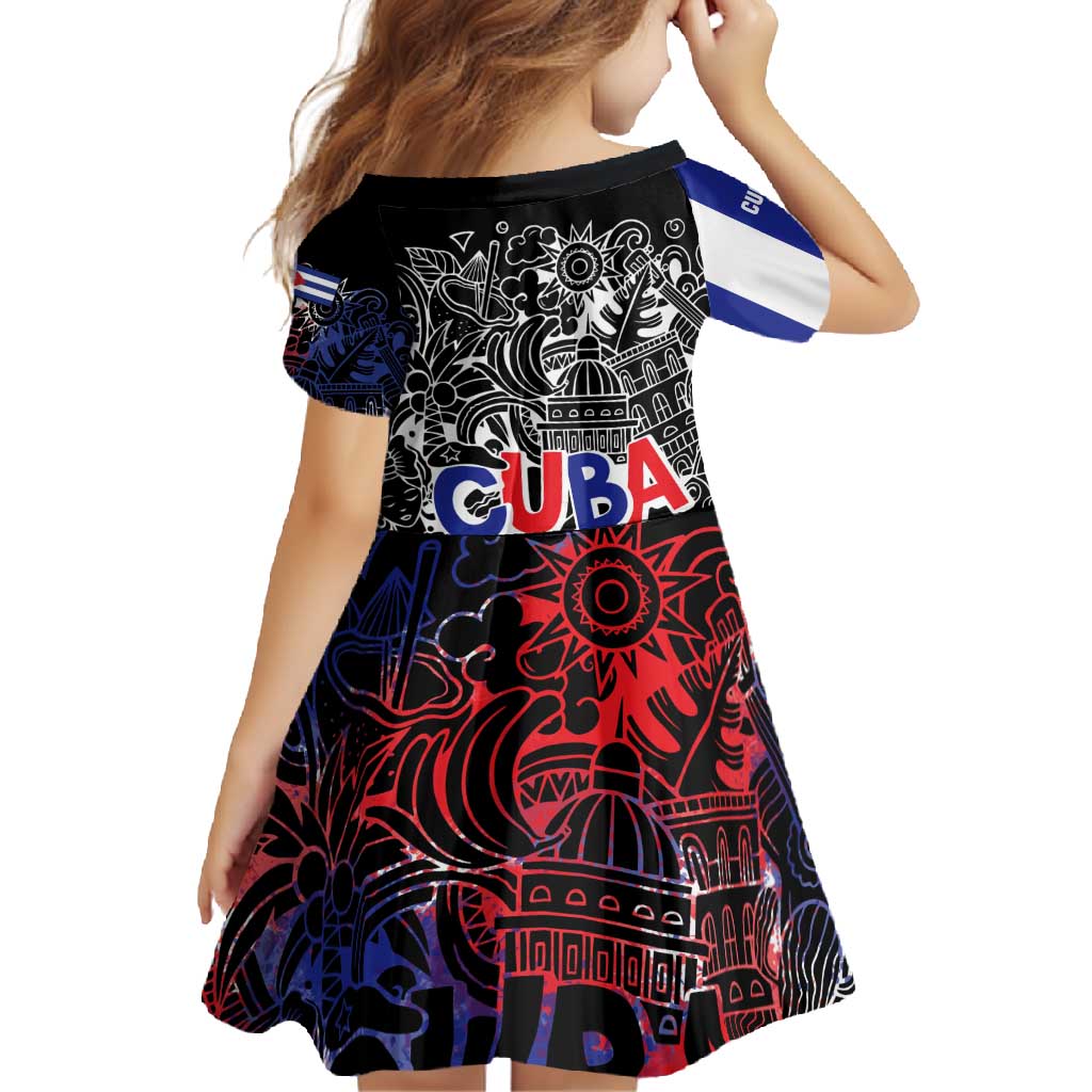 Cuba Flag Family Matching Long Sleeve Bodycon Dress and Hawaiian Shirt Black with Red White Blue Patriotic Graphics and Cultural Doodle Design - Wonder Print Shop