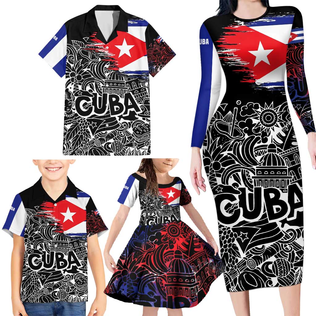 Cuba Flag Family Matching Long Sleeve Bodycon Dress and Hawaiian Shirt Black with Red White Blue Patriotic Graphics and Cultural Doodle Design - Wonder Print Shop