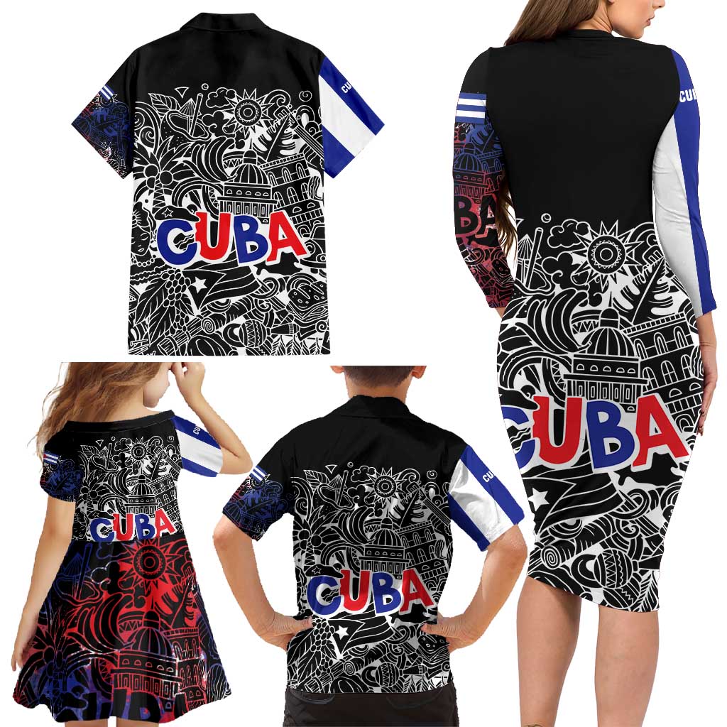 Cuba Flag Family Matching Long Sleeve Bodycon Dress and Hawaiian Shirt Black with Red White Blue Patriotic Graphics and Cultural Doodle Design - Wonder Print Shop