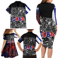 Cuba Flag Family Matching Long Sleeve Bodycon Dress and Hawaiian Shirt Black with Red White Blue Patriotic Graphics and Cultural Doodle Design - Wonder Print Shop