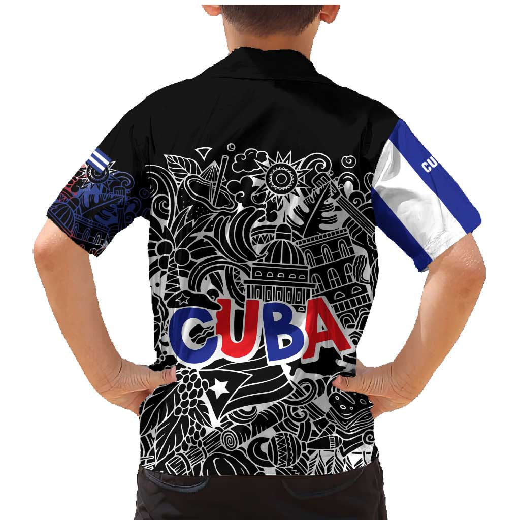 Cuba Flag Family Matching Mermaid Dress and Hawaiian Shirt Black with Red White Blue Patriotic Graphics and Cultural Doodle Design - Wonder Print Shop