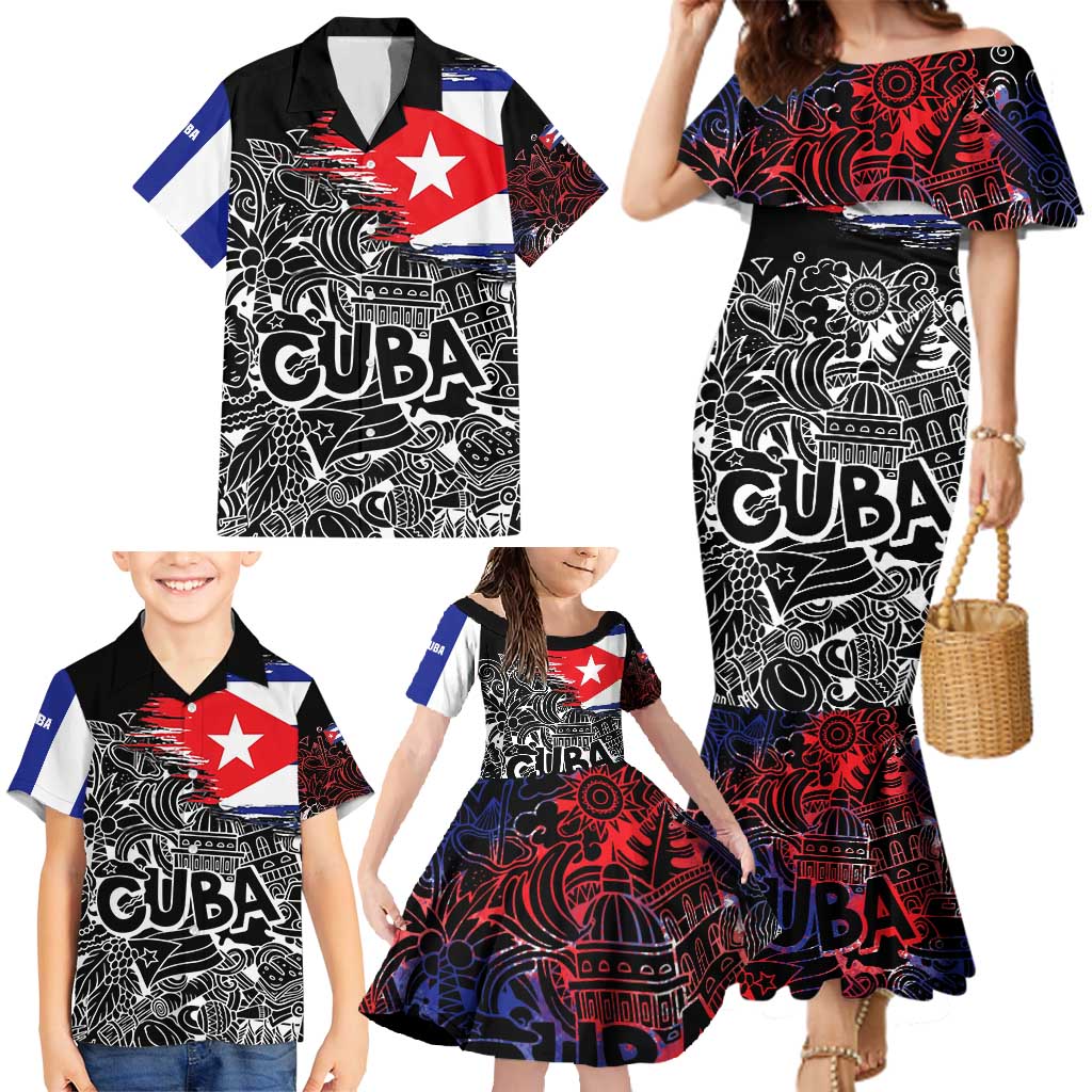 Cuba Flag Family Matching Mermaid Dress and Hawaiian Shirt Black with Red White Blue Patriotic Graphics and Cultural Doodle Design - Wonder Print Shop