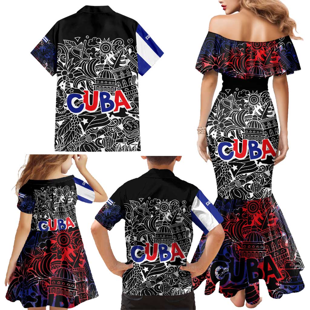 Cuba Flag Family Matching Mermaid Dress and Hawaiian Shirt Black with Red White Blue Patriotic Graphics and Cultural Doodle Design - Wonder Print Shop