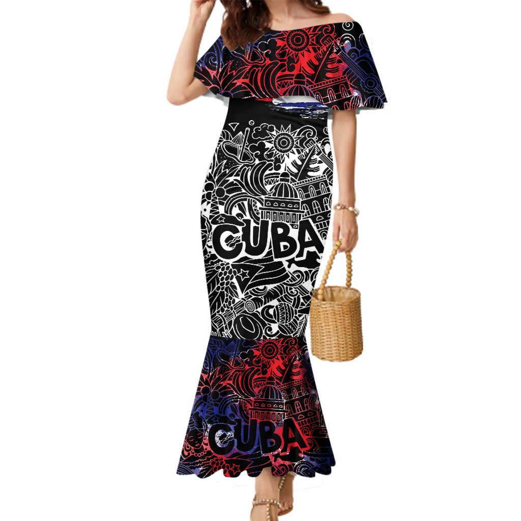 Cuba Flag Family Matching Mermaid Dress and Hawaiian Shirt Black with Red White Blue Patriotic Graphics and Cultural Doodle Design - Wonder Print Shop