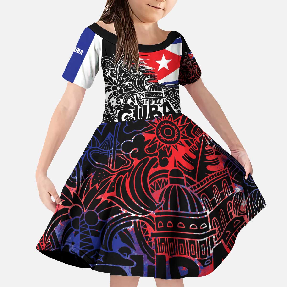 Cuba Flag Family Matching Off The Shoulder Long Sleeve Dress and Hawaiian Shirt Black with Red White Blue Patriotic Graphics and Cultural Doodle Design - Wonder Print Shop