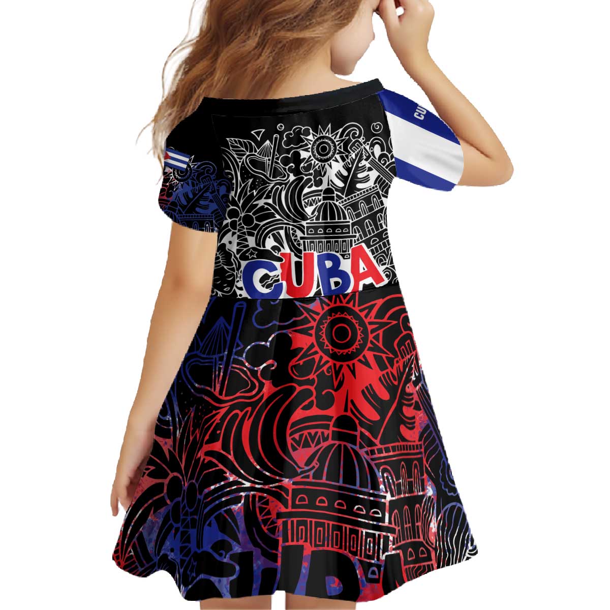 Cuba Flag Family Matching Off The Shoulder Long Sleeve Dress and Hawaiian Shirt Black with Red White Blue Patriotic Graphics and Cultural Doodle Design - Wonder Print Shop