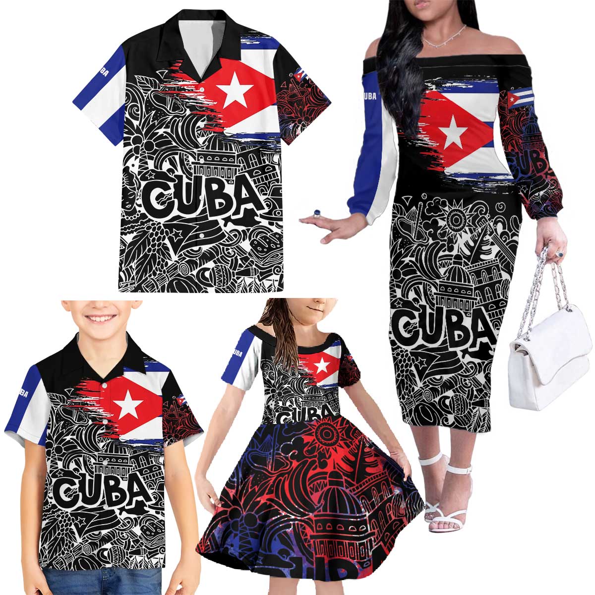 Cuba Flag Family Matching Off The Shoulder Long Sleeve Dress and Hawaiian Shirt Black with Red White Blue Patriotic Graphics and Cultural Doodle Design - Wonder Print Shop