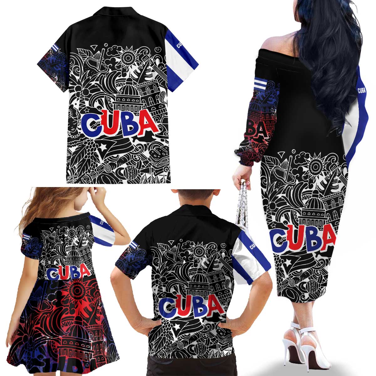 Cuba Flag Family Matching Off The Shoulder Long Sleeve Dress and Hawaiian Shirt Black with Red White Blue Patriotic Graphics and Cultural Doodle Design - Wonder Print Shop