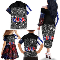 Cuba Flag Family Matching Off The Shoulder Long Sleeve Dress and Hawaiian Shirt Black with Red White Blue Patriotic Graphics and Cultural Doodle Design - Wonder Print Shop