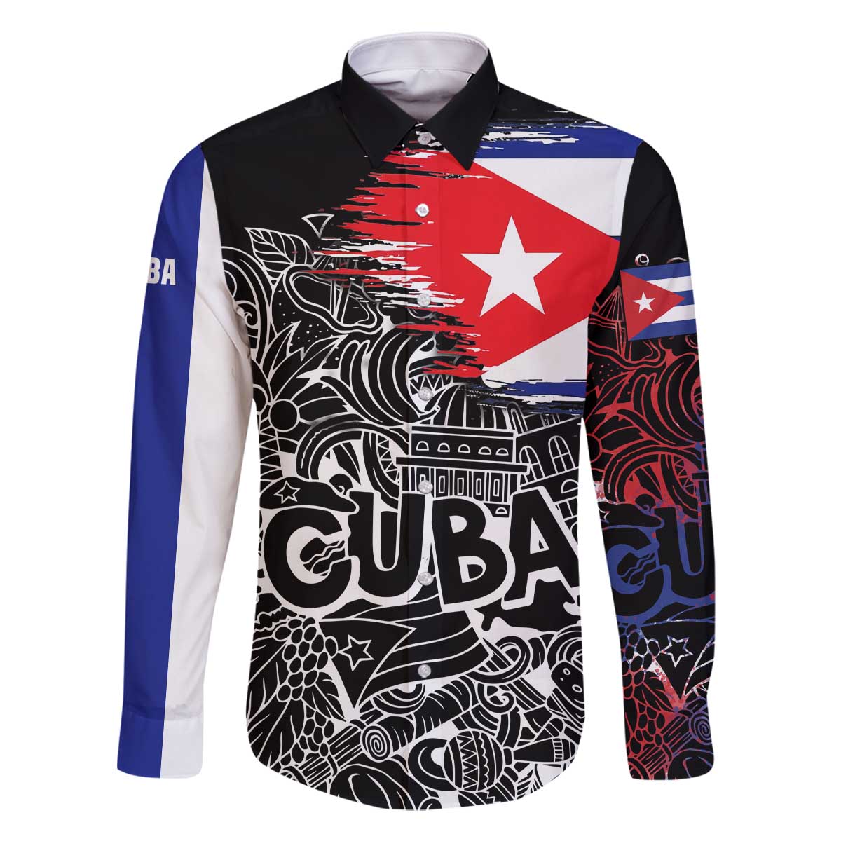 Cuba Flag Family Matching Off The Shoulder Long Sleeve Dress and Hawaiian Shirt Black with Red White Blue Patriotic Graphics and Cultural Doodle Design - Wonder Print Shop