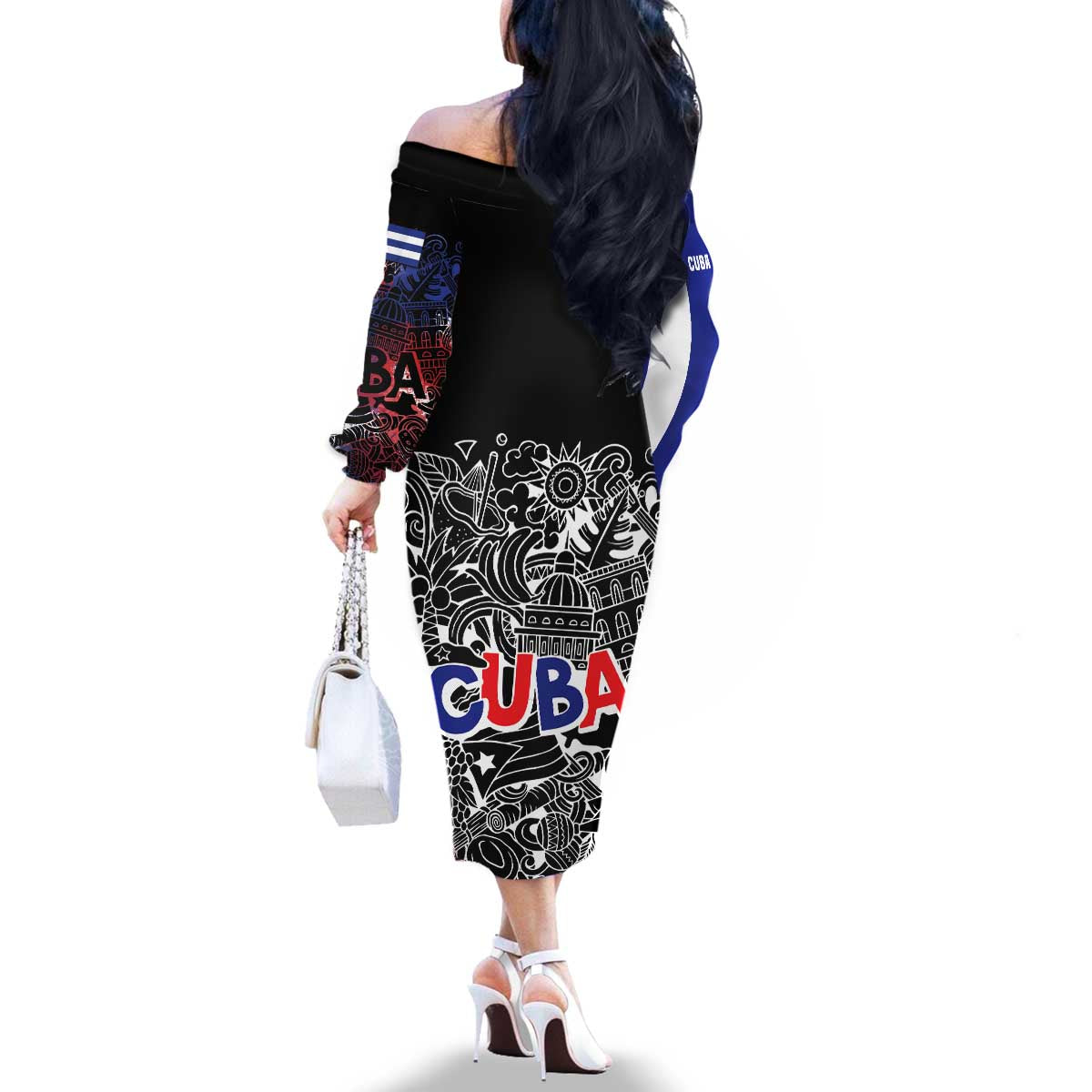 Cuba Flag Family Matching Off The Shoulder Long Sleeve Dress and Hawaiian Shirt Black with Red White Blue Patriotic Graphics and Cultural Doodle Design - Wonder Print Shop