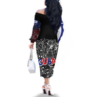 Cuba Flag Family Matching Off The Shoulder Long Sleeve Dress and Hawaiian Shirt Black with Red White Blue Patriotic Graphics and Cultural Doodle Design - Wonder Print Shop