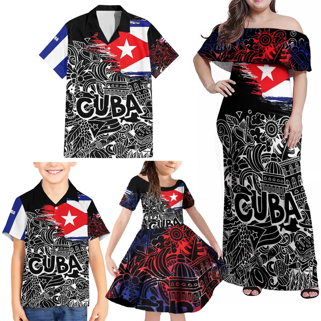 Cuba Flag Family Matching Off Shoulder Maxi Dress and Hawaiian Shirt Black with Red White Blue Patriotic Graphics and Cultural Doodle Design - Wonder Print Shop