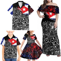 Cuba Flag Family Matching Off Shoulder Maxi Dress and Hawaiian Shirt Black with Red White Blue Patriotic Graphics and Cultural Doodle Design - Wonder Print Shop