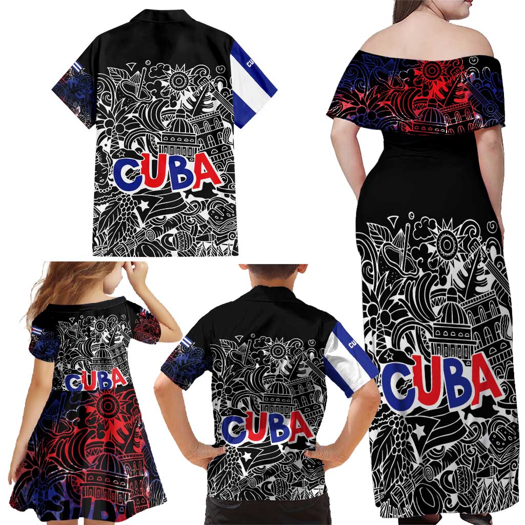 Cuba Flag Family Matching Off Shoulder Maxi Dress and Hawaiian Shirt Black with Red White Blue Patriotic Graphics and Cultural Doodle Design - Wonder Print Shop