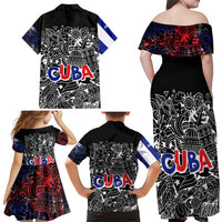 Cuba Flag Family Matching Off Shoulder Maxi Dress and Hawaiian Shirt Black with Red White Blue Patriotic Graphics and Cultural Doodle Design - Wonder Print Shop