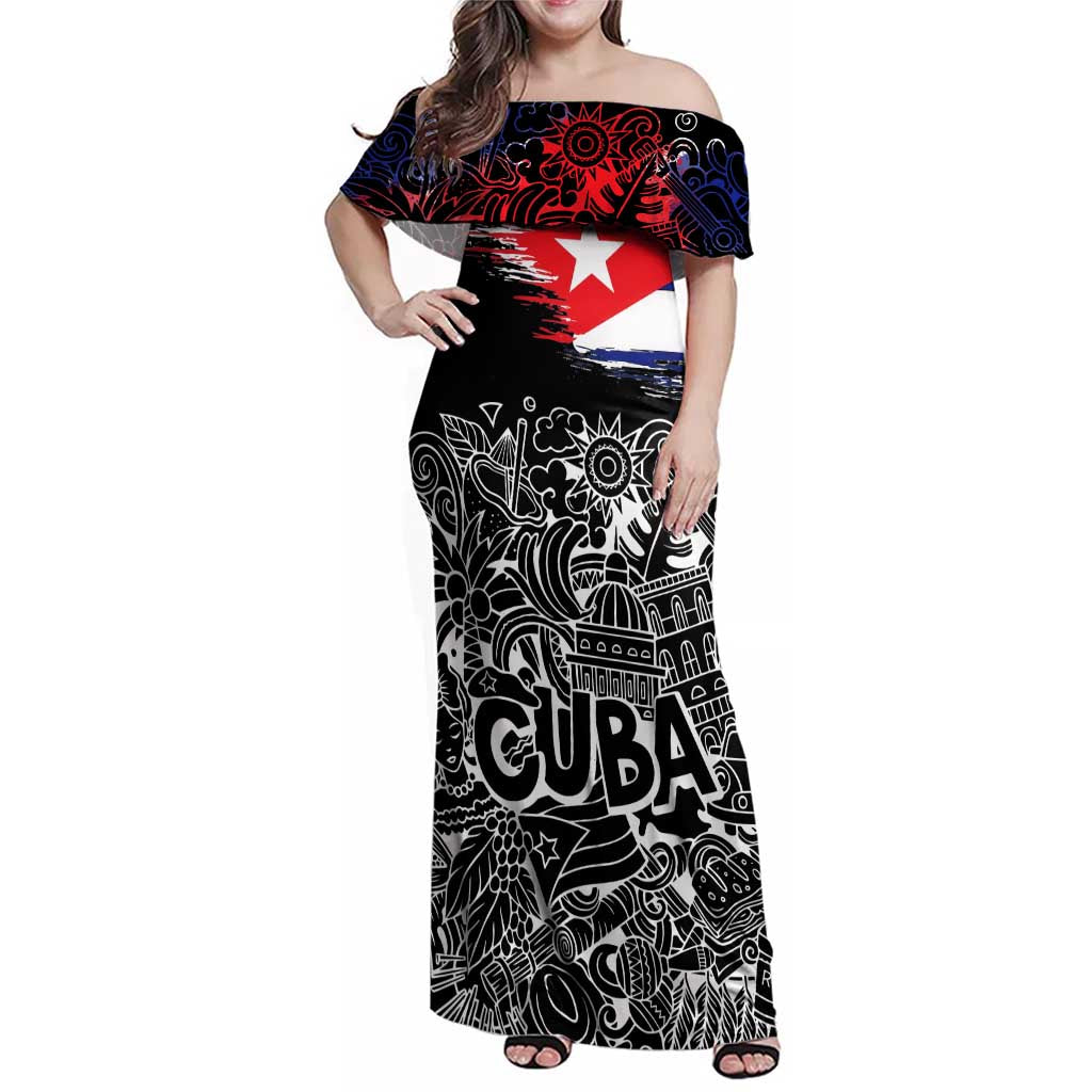 Cuba Flag Family Matching Off Shoulder Maxi Dress and Hawaiian Shirt Black with Red White Blue Patriotic Graphics and Cultural Doodle Design - Wonder Print Shop