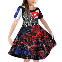 Cuba Flag Family Matching Off Shoulder Short Dress and Hawaiian Shirt Black with Red White Blue Patriotic Graphics and Cultural Doodle Design - Wonder Print Shop