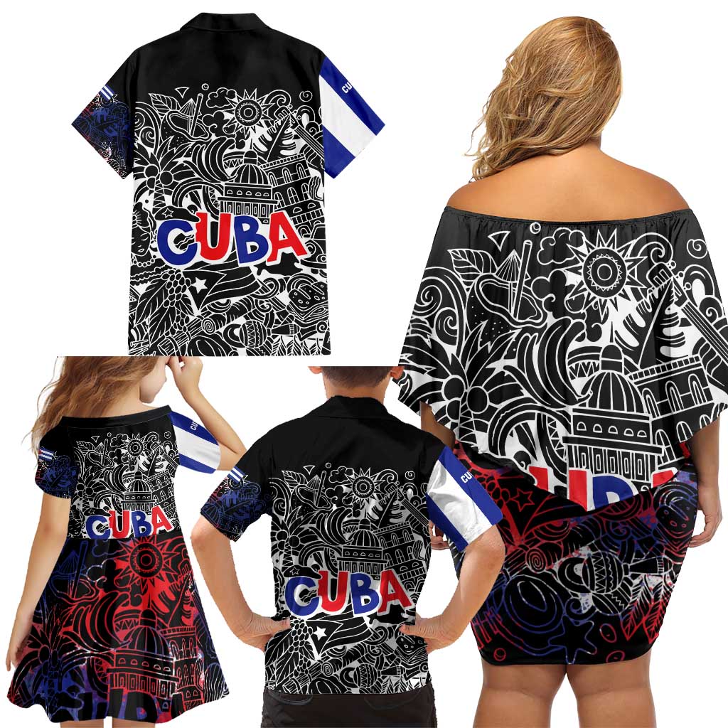 Cuba Flag Family Matching Off Shoulder Short Dress and Hawaiian Shirt Black with Red White Blue Patriotic Graphics and Cultural Doodle Design - Wonder Print Shop