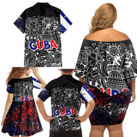 Cuba Flag Family Matching Off Shoulder Short Dress and Hawaiian Shirt Black with Red White Blue Patriotic Graphics and Cultural Doodle Design - Wonder Print Shop